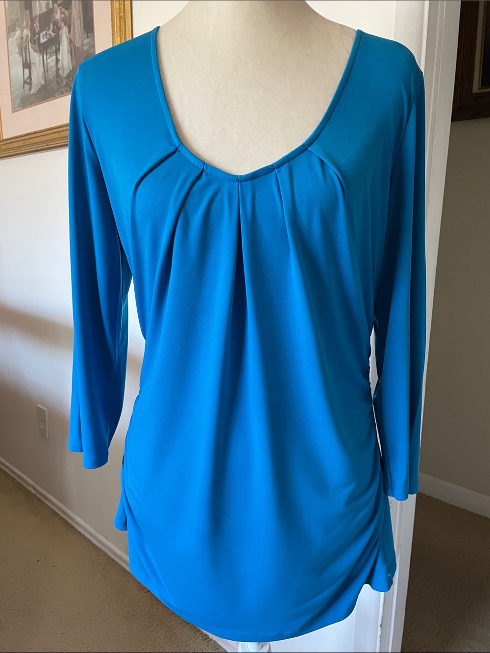 New York & Company Teal Scoop Neck Pleat-Front Tunic